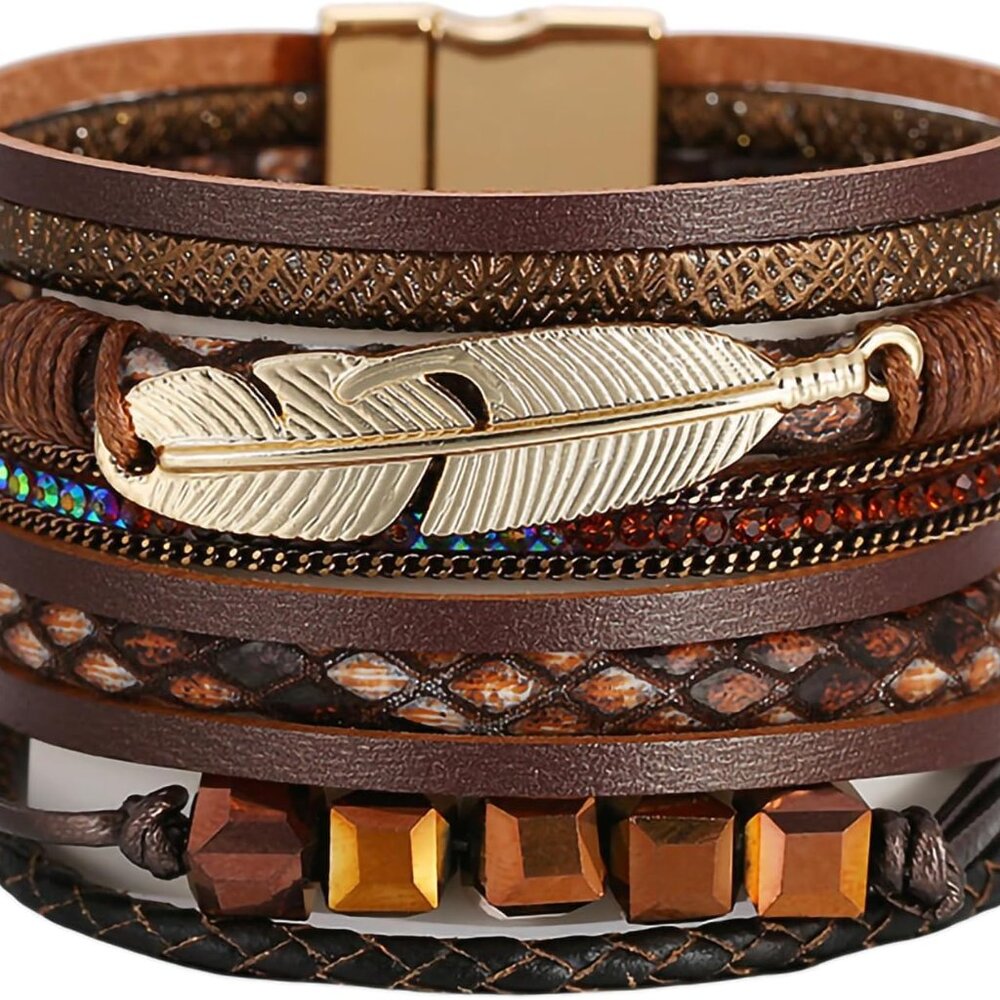 Leopard Bracelet for Women, Boho Leather Wrap Multi-Layer Pearl Crystal Bracelet